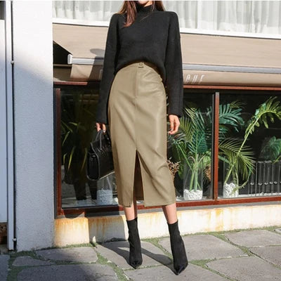 DEAT Fast Delivery New Fashion Korean Female PU Leather Mid-calf Length Spit Sexy High Waist Skirt AY095 khaki