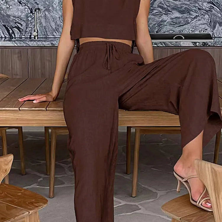 Casual Linen Lace Up Hollow Out Top Pants Sets Women O-neck Sleeveless Crop Tank Drawstring Trouser Suits Female Beach Outfits Brown