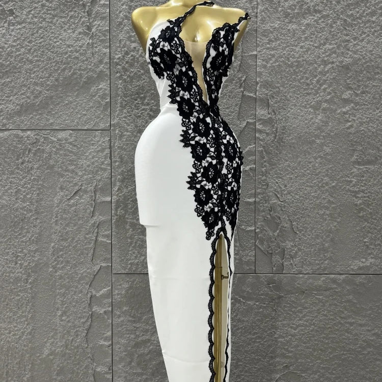 Top Women Sexy One Shoulder Black Lace Bodycon Long Bandage Dress Fashion Celebrate Evening Party Birthday Outfit WHITE