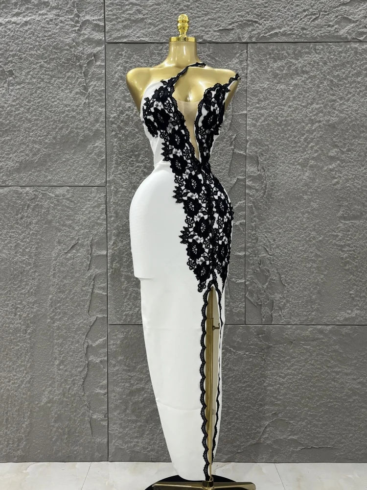 Top Women Sexy One Shoulder Black Lace Bodycon Long Bandage Dress Fashion Celebrate Evening Party Birthday Outfit WHITE