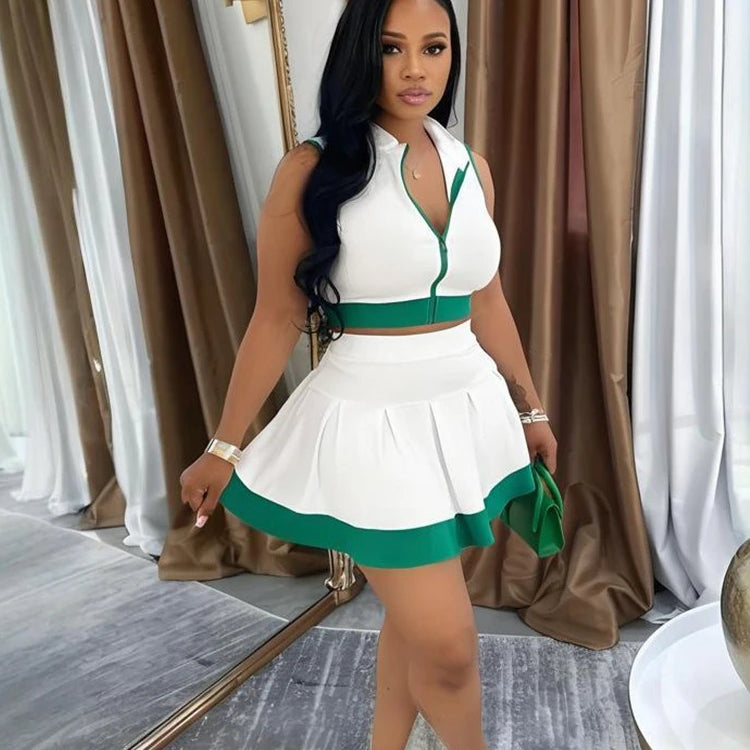 CM.YAYA Women's Set Sleeveless V-neck Vest  + Pleated Skirts 2025 Summer Cute Street Beach Two 2 Piece Sets Outfits Tracksuit