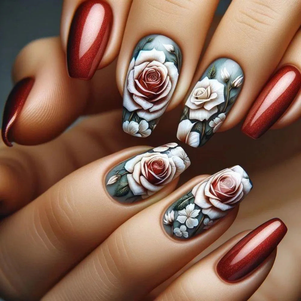 24pcs/set medium long fake nails beautiful rose flowers heart for Valentine's Day Wedding party faux ongles press on false nail 1833