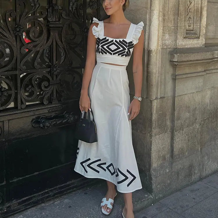 Fashion Sleeveless Short Top Skirt Set For Women Slim High Waisted Pattern Female Skirts Suit Casual Beach Holidays Prom Gowns