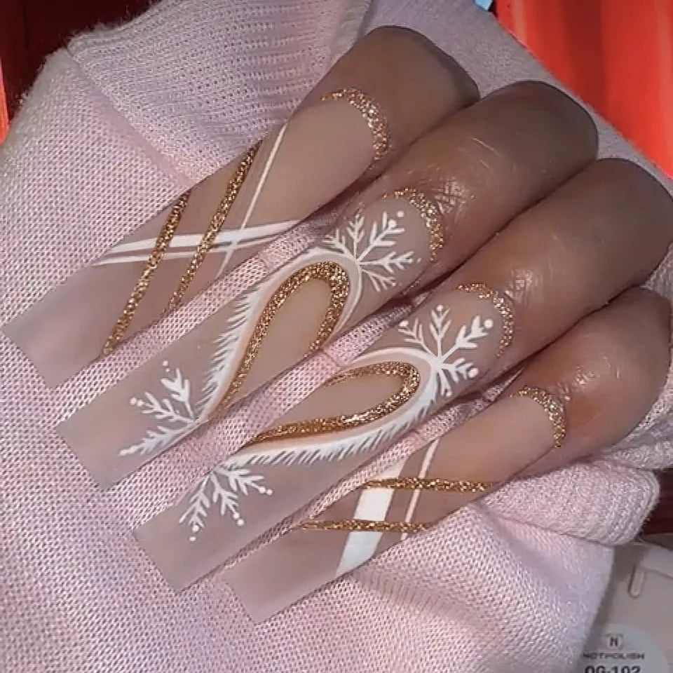 24pcs Pink Santa Claus False Nails Merry Christmas Snowflake Press on Nails Wearable European Long French Ballet Fake Nail Tips