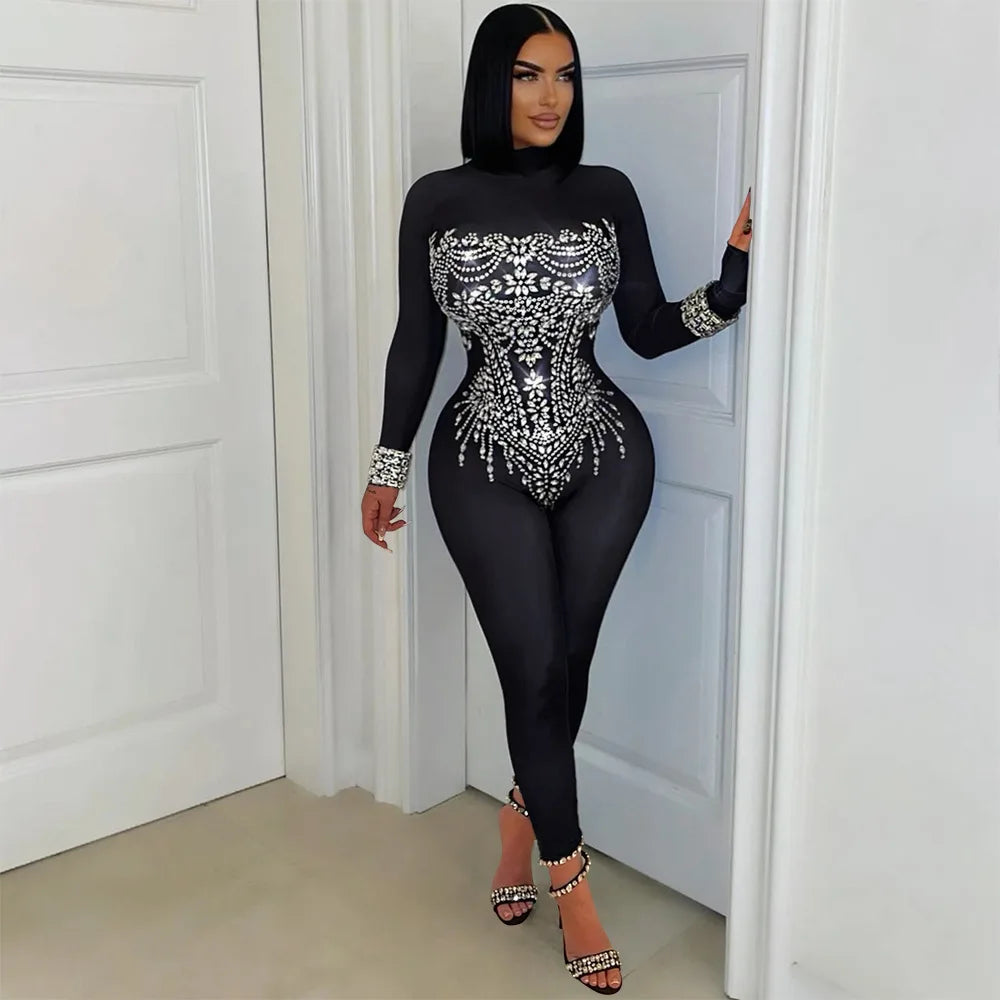 Full Sleeve Women Turtleneck Jumpsuits Diamonds Hot Rhinestones Rompers One Piece Sexy Pencil Night Club Party Outfits Black