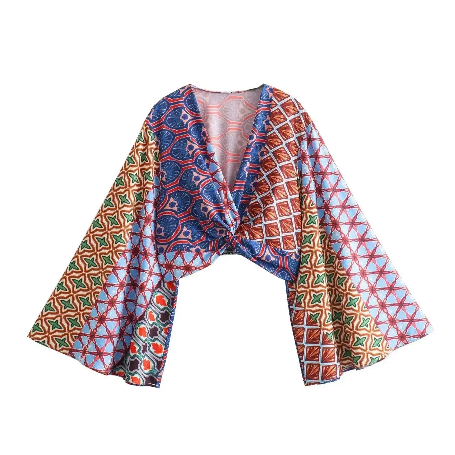 Vintage Sexy Casual Print Straight Trousers Set For Women Chic V Neck Flare Sleeve Twisted Tops Suit Female High Street Outfits Top