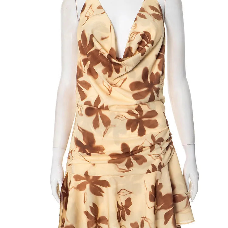 Mozision Halter Print Sexy Mini Dress For Women Robe Elegant Deep V Neck Sleeveless Backless Ruffled High Waist Beach Dress