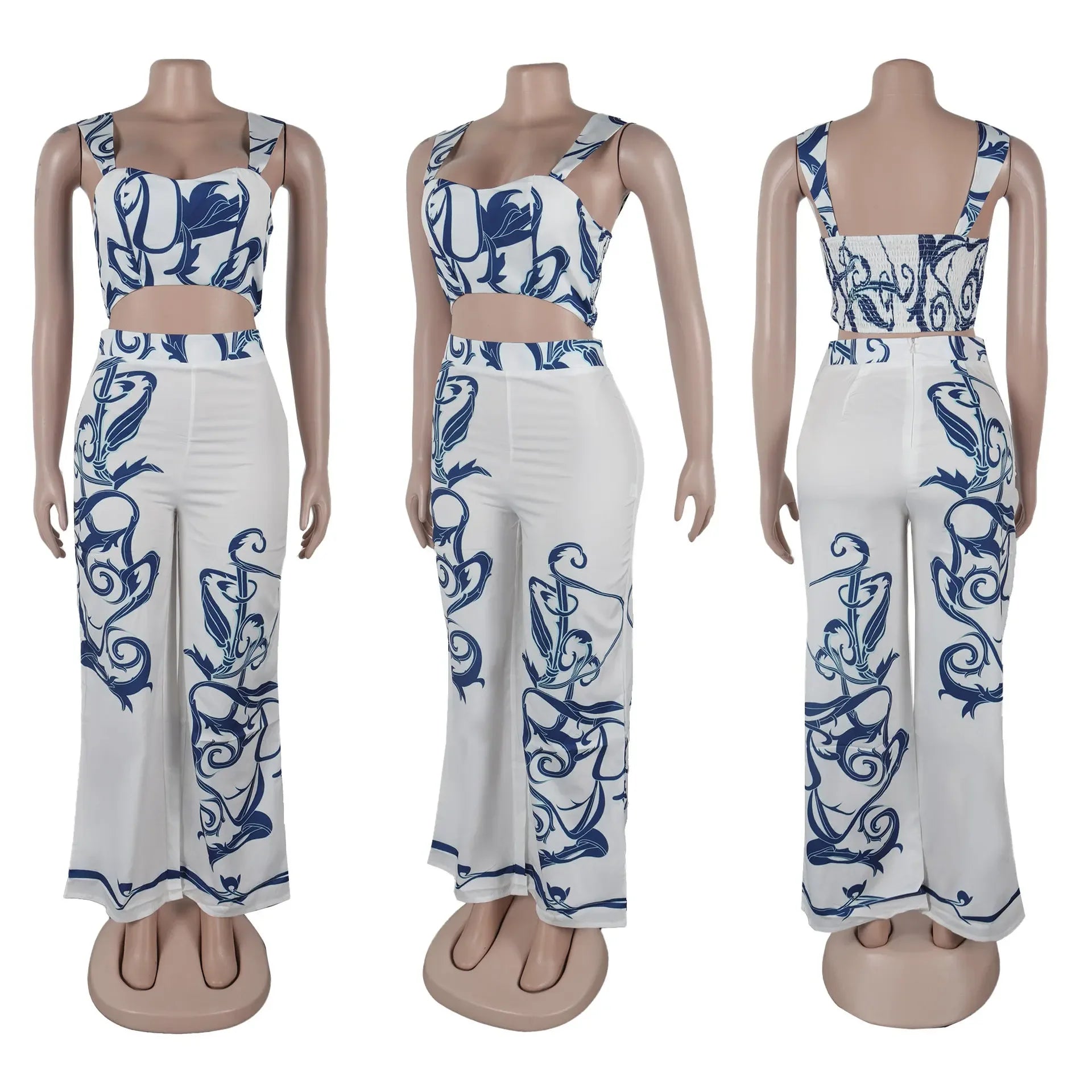 2024 Summer Women's Set Sleeveless Strapless Tops +Wide Leg Pants Print Party Street Two 2 Piece Sets Outfits Tracksuit