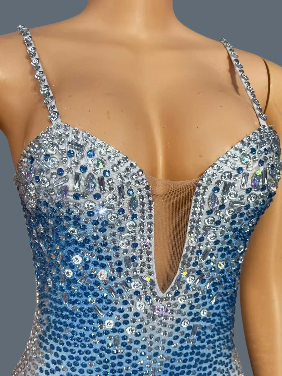 Sparkly Rhinestone Sleeveless Deep V Spandex Bodysuit Nightclub Showgirl Dance Show Crystals Tassel Skinny Bodysuit Bingqilin