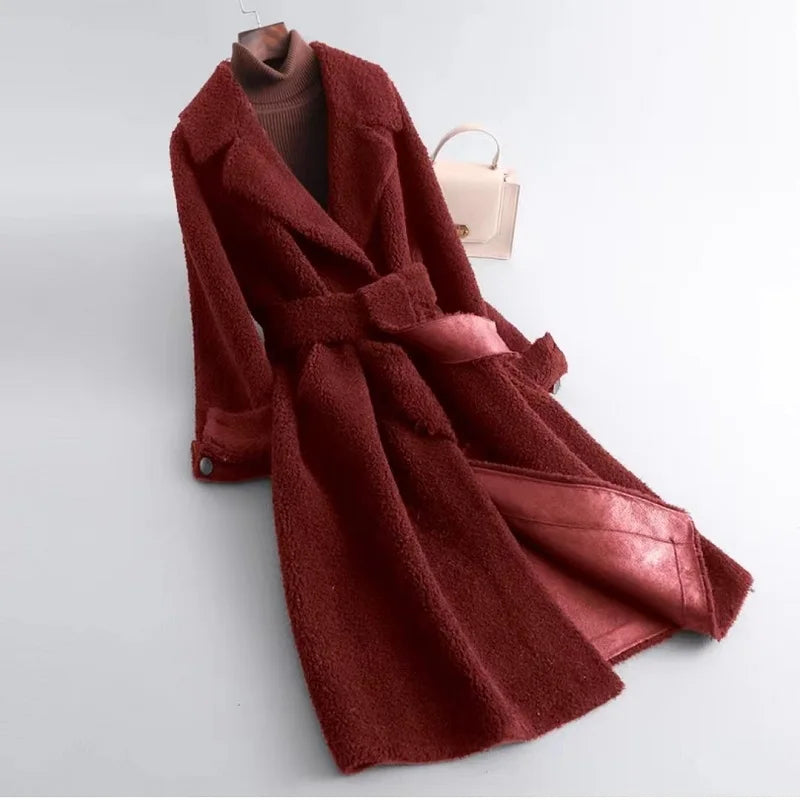 Pure Wool Shearling Coat for women,Long Female Slim Fur One Lamb Fur Coat,autumn/Winter 2024,New V-neck red