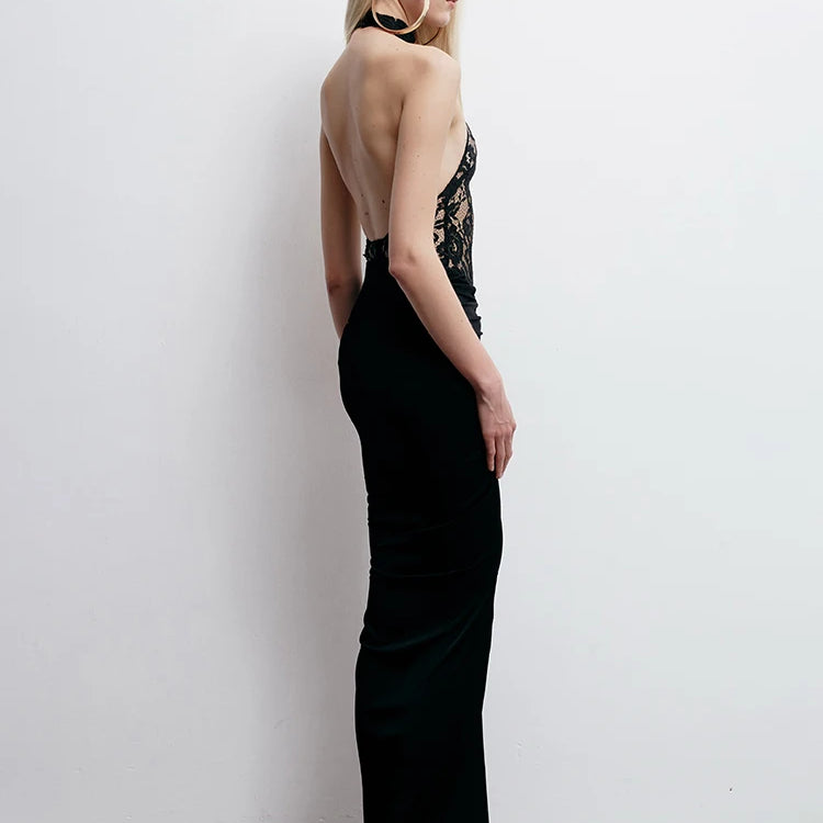 Sexy Black Halter Lace See Through Long Dress Backless Floor Length Tunic Elegant Cocktail Party Evening Gowns