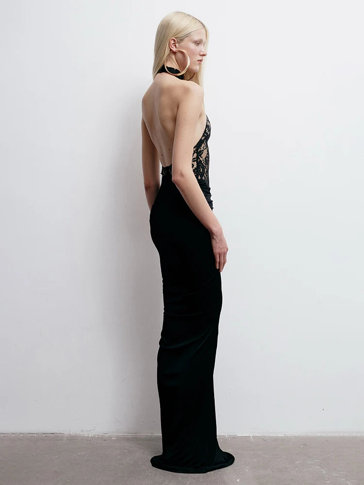 Sexy Black Halter Lace See Through Long Dress Backless Floor Length Tunic Elegant Cocktail Party Evening Gowns