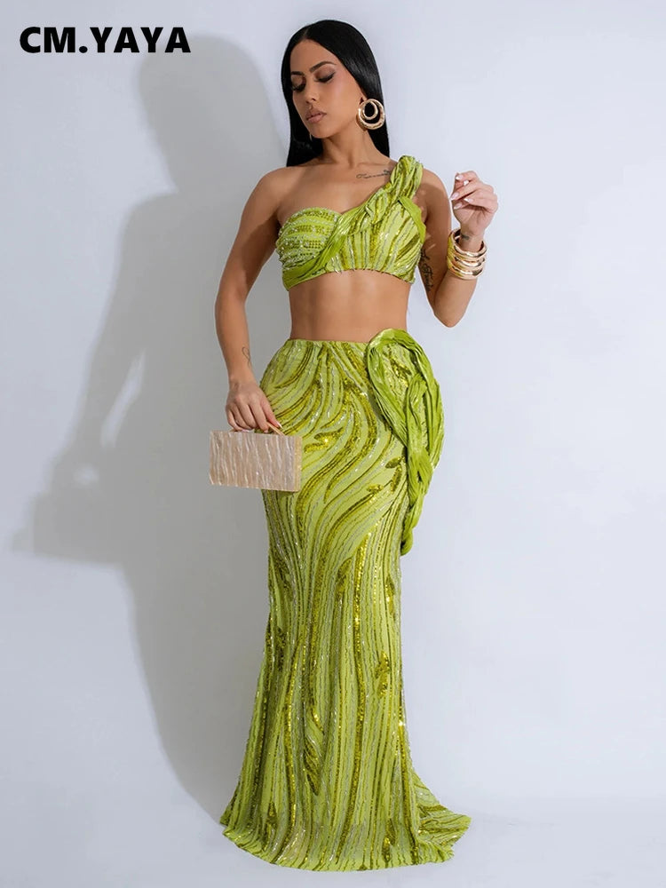 Women’s Dress Set Mesh Sequined Ribbon Sleeveless Strap Top + Long Skirts Sets 2 Two Pcs Sets Sexy Party Evening Oufits