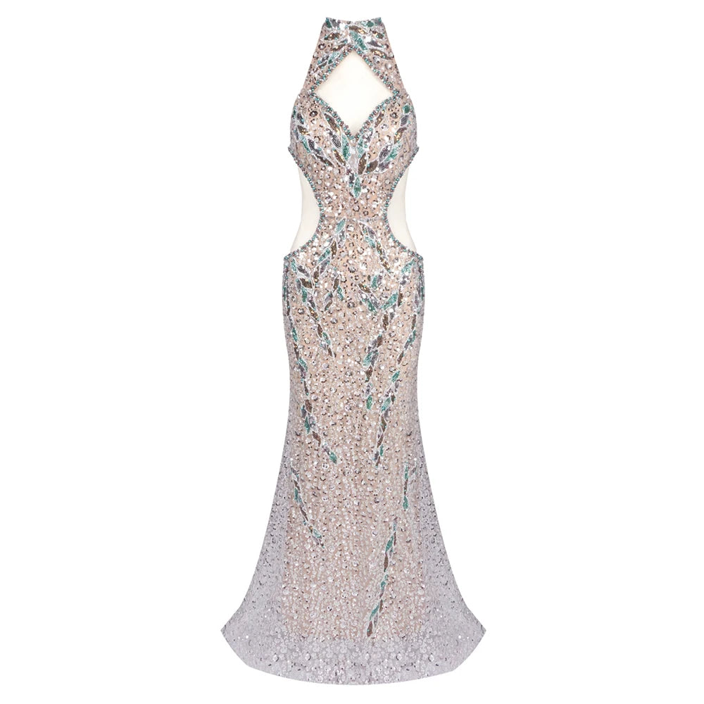 Sparkling Green Sequins Crystal Cut-Out Mermaid Sleeveless Dress Gown for Balls Party AS PIC