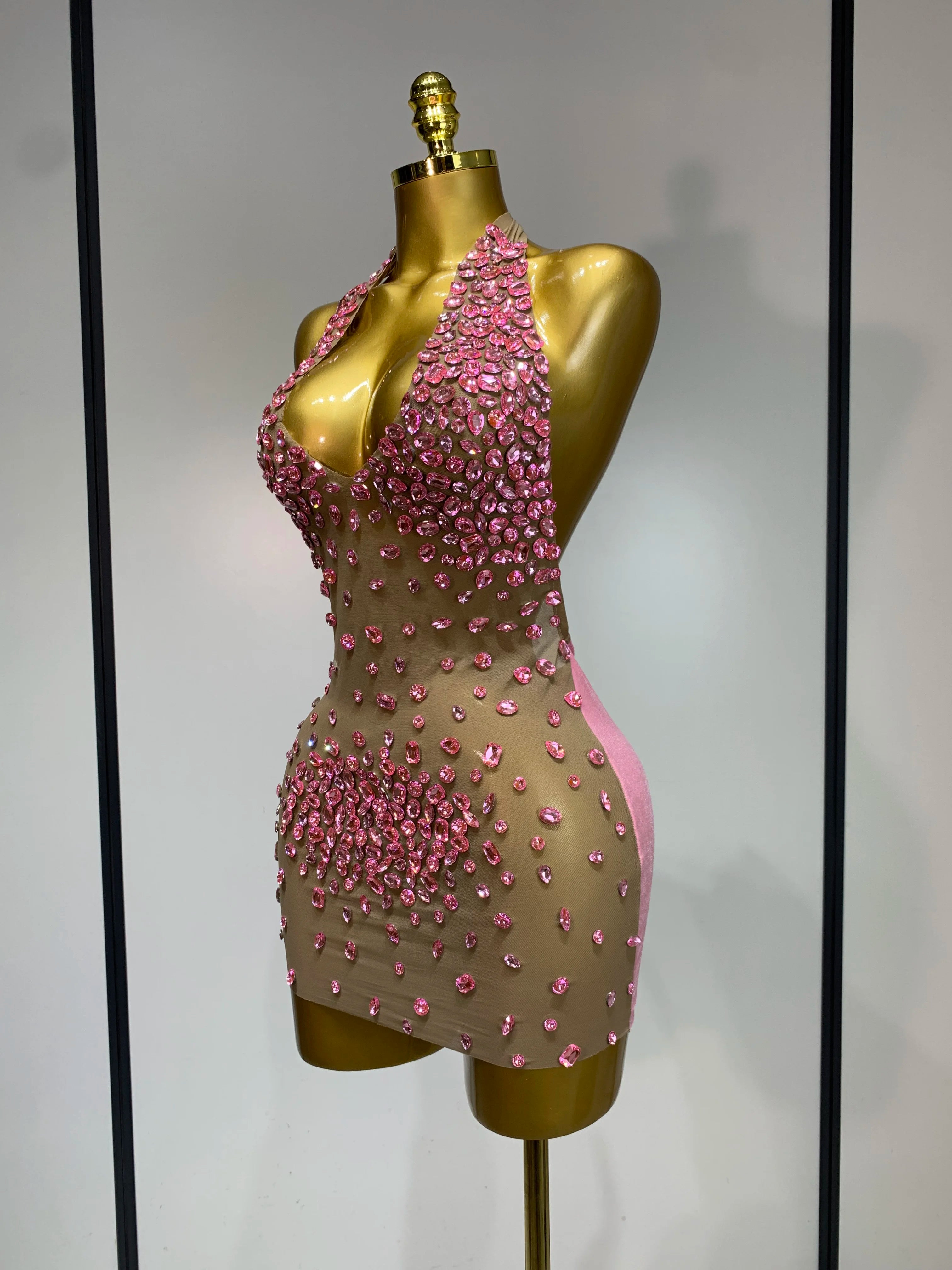 Luxury Rhinestones Backless Mini Dress Women Sexy Mesh Transparent Celebrate Evening Birthday Photo Shoot Perform Stage Outfit
