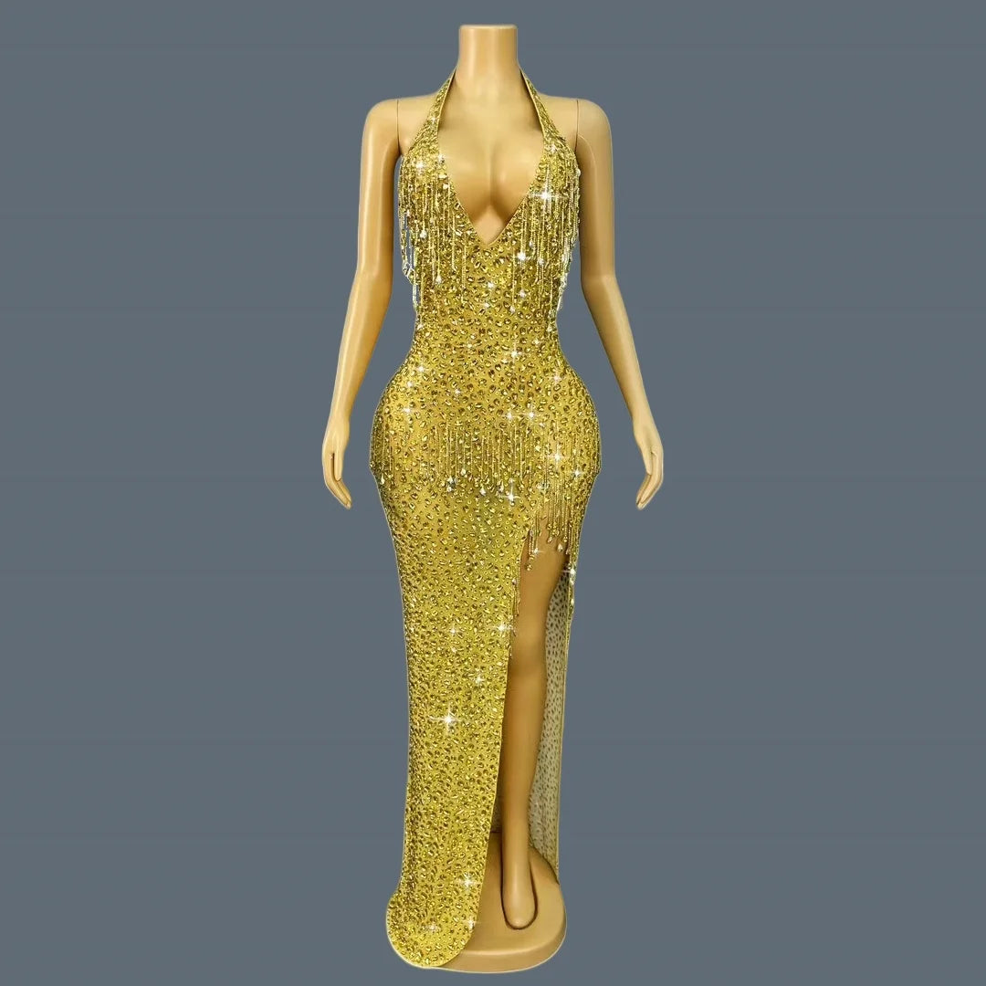 Black Tassel Sparkly Crystals Deep V Neck Evening Gown Low-cut Long Dress Birthday Celebrate Party Photo Shoot Wear Wulongweibo Gold