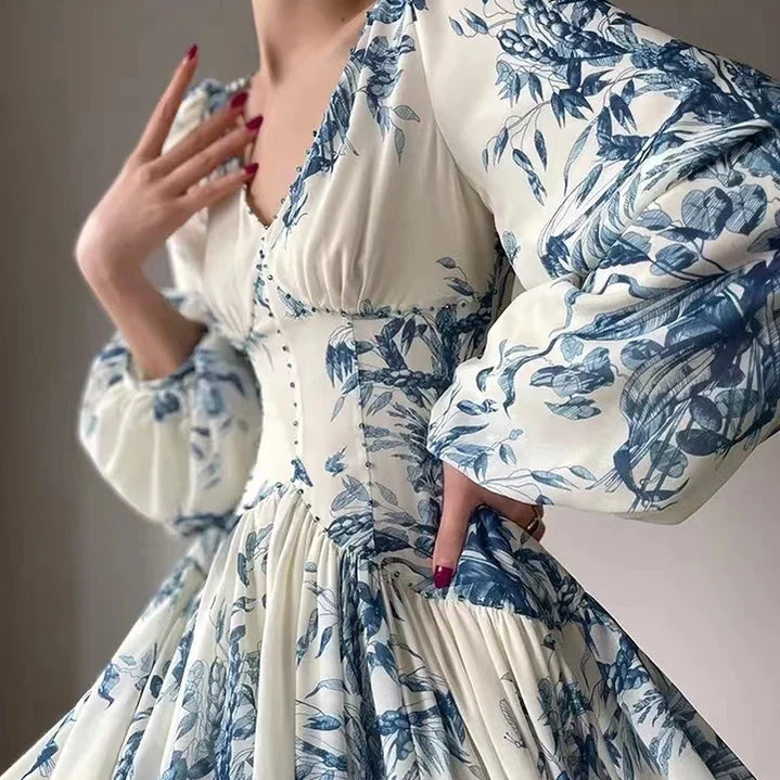 Fashion Designer Floral Beading High Waist A Line Party Women Vintage Elegant Lantern Sleeve Chic Casual Beach Holiday Dresses