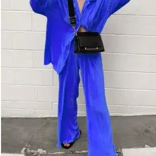 Pleated Solid Women Set Long Sleeve Shirts and Straight Wide Leg Pants Suits Tracksuit Two Piece Set Fitness Outfits Blue