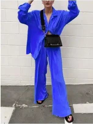 Pleated Solid Women Set Long Sleeve Shirts and Straight Wide Leg Pants Suits Tracksuit Two Piece Set Fitness Outfits Blue