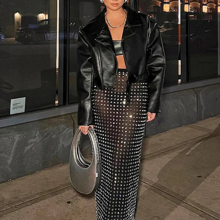 Shining Square Diamonds Sexy Mesh See Through Black Long Skirt Fashion Woman High Street Wear Evening Party Outfit