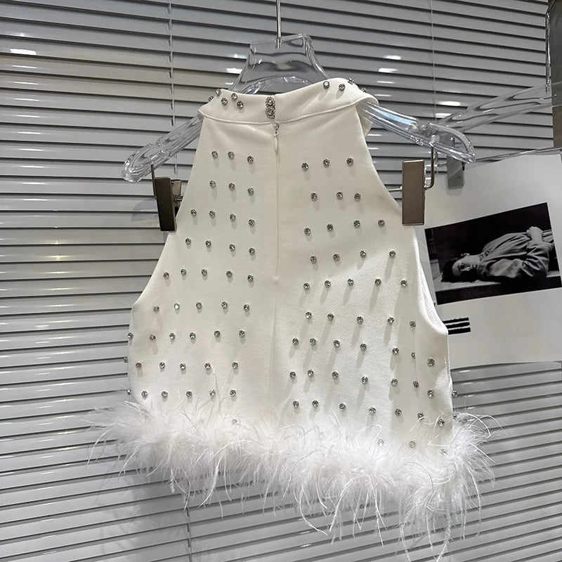 Winter New Fashion Rhinestone Feather Edge Halter Vest For Women Wrapped Hip A-line Skirt Female Trend 11A07864