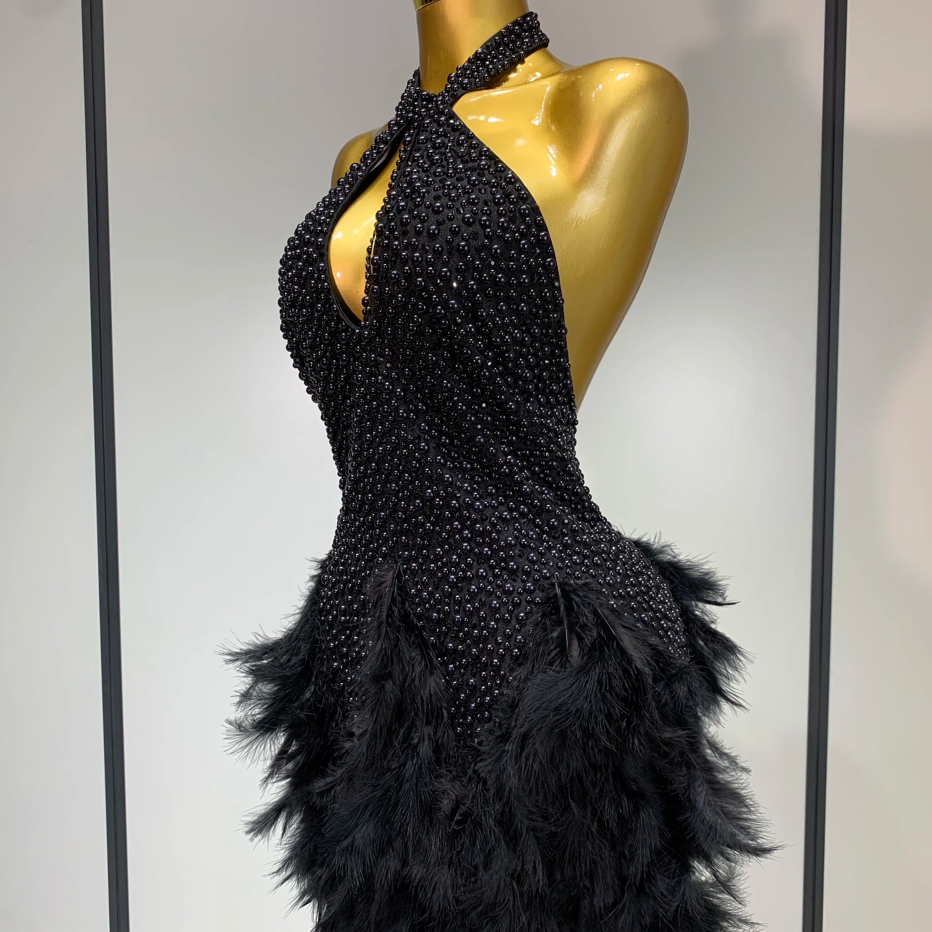 Sexy Backless Feathers Performance Costume Stage Dancer Black Mini Stretchy Nightclub Luxury Birthday Evening Party Dresses
