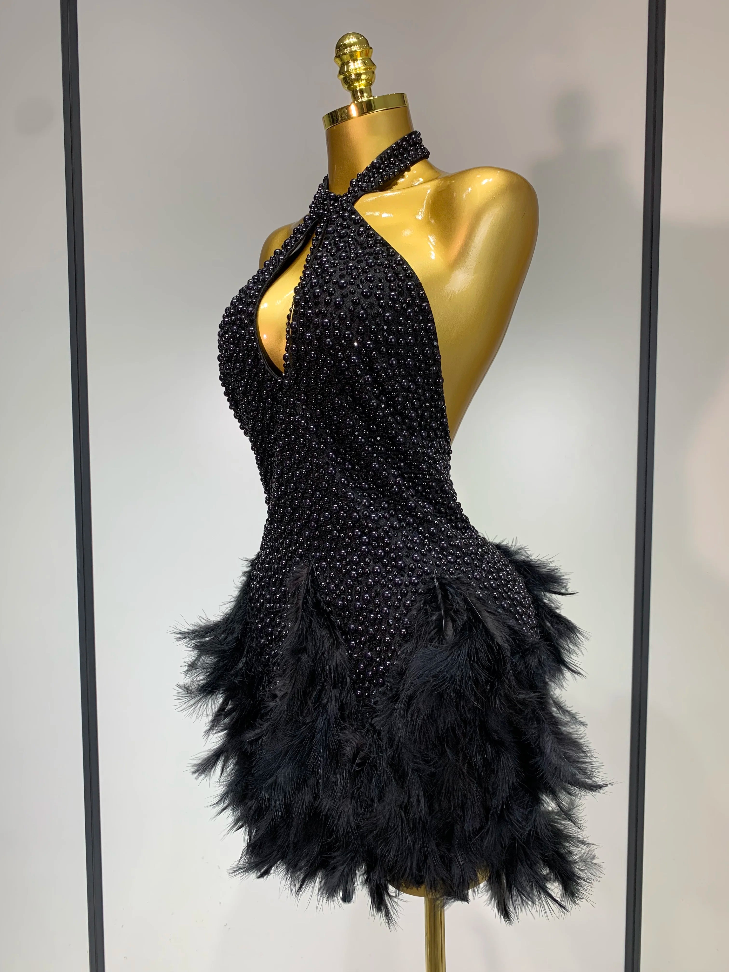 Sexy Backless Feathers Performance Costume Stage Dancer Black Mini Stretchy Nightclub Luxury Birthday Evening Party Dresses