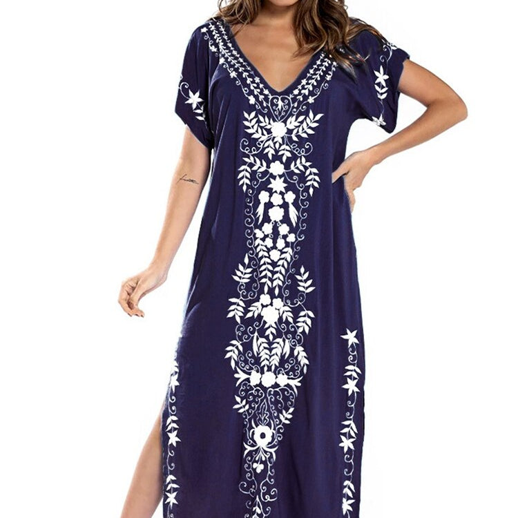 Robe De Plage Embroidery Beach Cover Up Sarong Women Beach Pareo Tunic For Beach Swimwear Dark Blue One Size