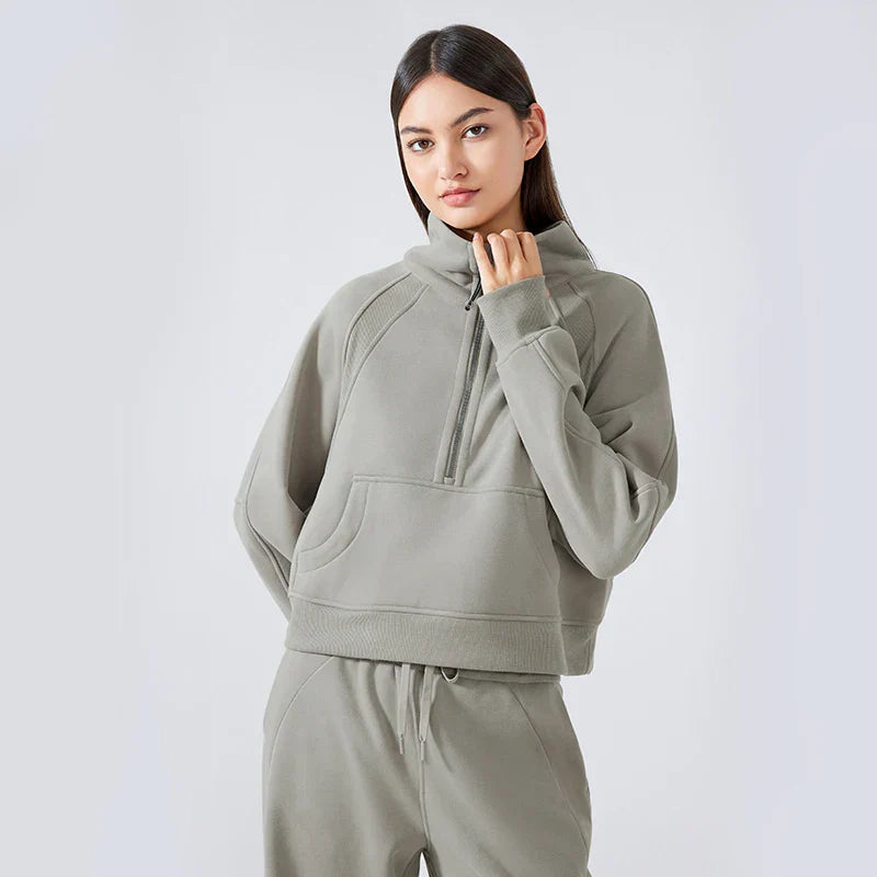 Autumn New Half Zipper High Stand Collar Pullover Top for Women's , Warm and Fleece Thick Sports Hoodie for External Wear