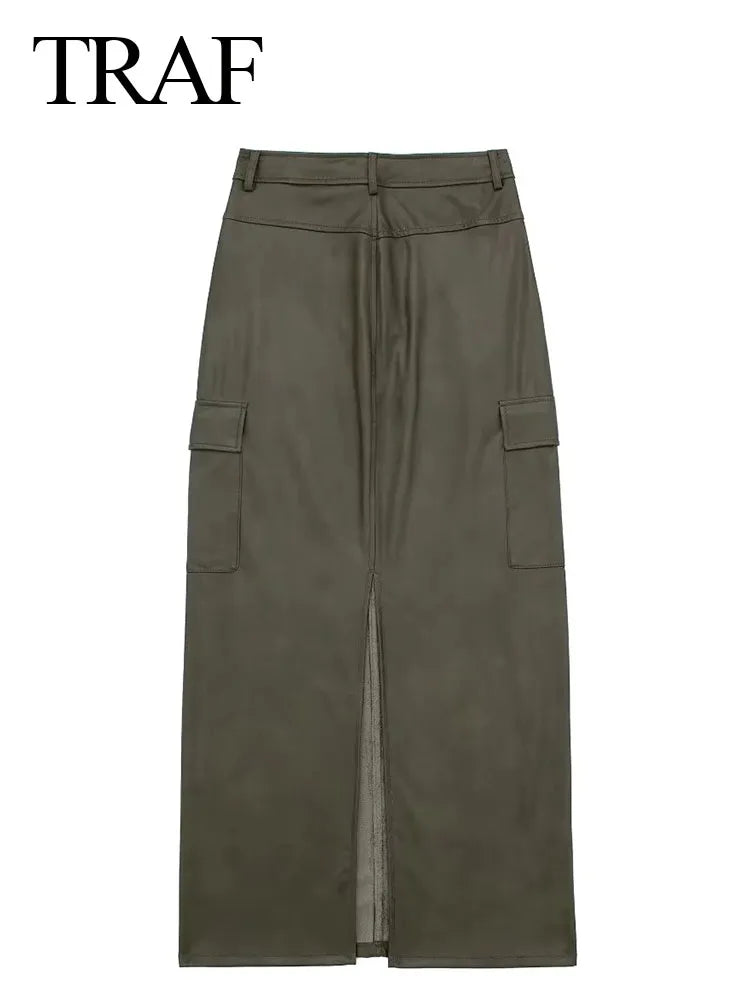 Women Fashion Skirts Spring And Summer Trend Imitation Leather Loose Long Skirt Woman Casual With Pockets Women's Skirts