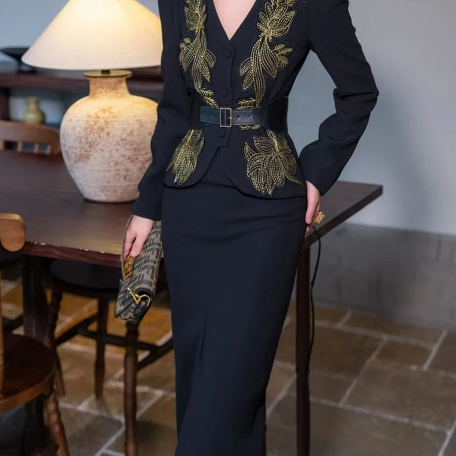 Solid Spliced Appliques Two Piece Sets for Women V Neck Long Sleeve Top High Waist Split Skirts Elegant Set Female