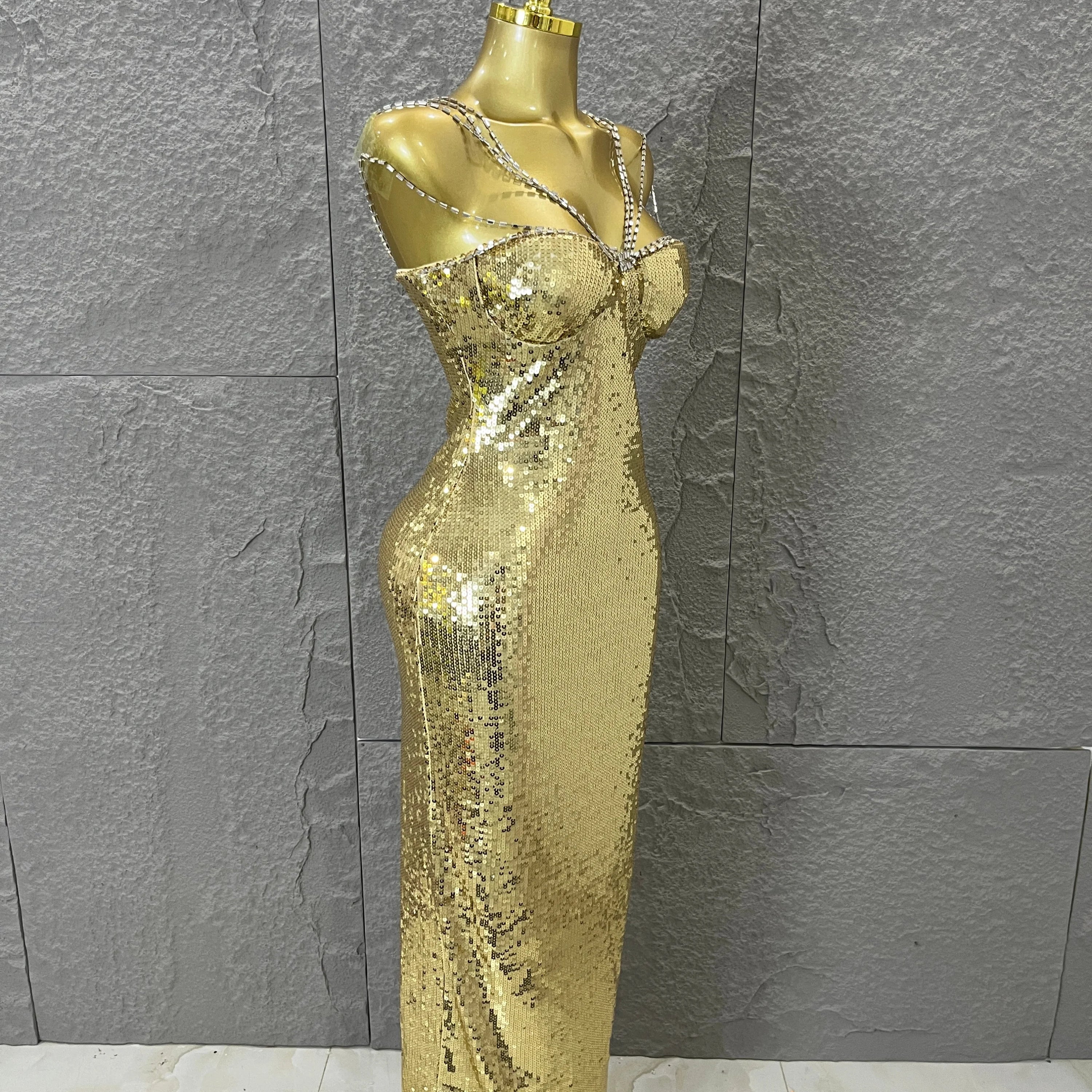 Classic Gold Sequin Mermaid Dress Rhinestone Chain Shoulder Straps Sweetheart Neck Formal Evening Gala Photoshoot Cocktail Party