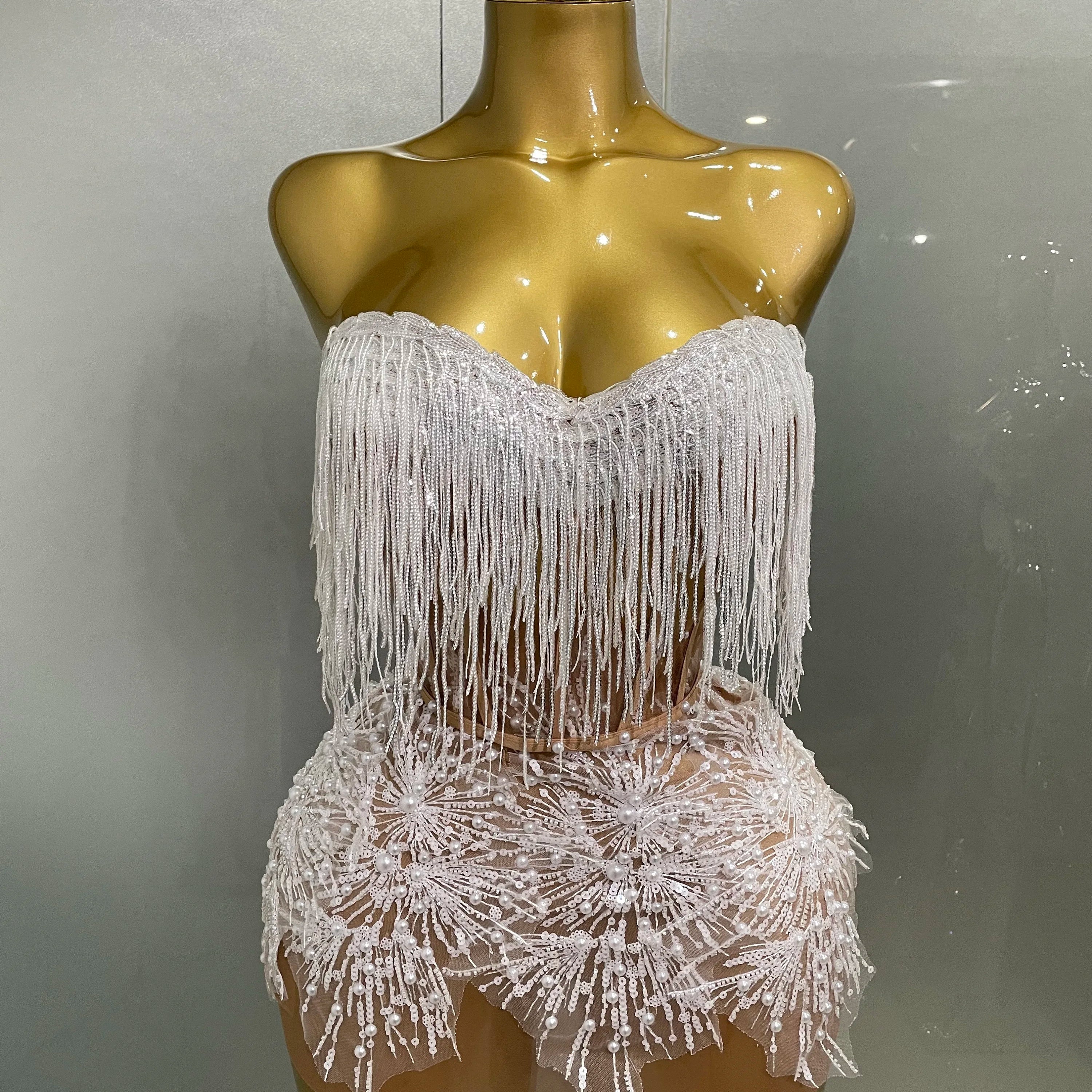 2025 Sexy Pearl Sequins Tassel Sleeveless Glitter Mini Dress Women Singer Bar Nightclub Stage Performance Clothing Show Outfit WHITE