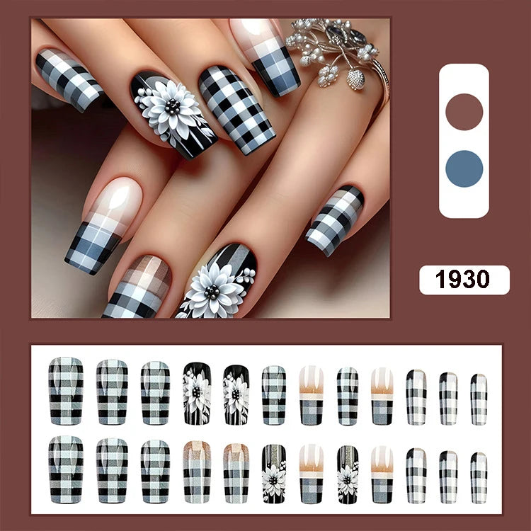 24pcs/set Meduim long fake nails for women peach flowers heart for Spring summer Square faux ongles press on false nail art tips 1930