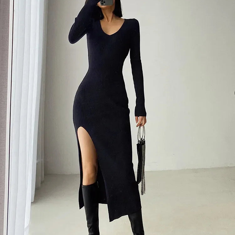 spring and winter sexy French slit sweater dress female slim tight-fitting hip-knit over-the-knee dresses