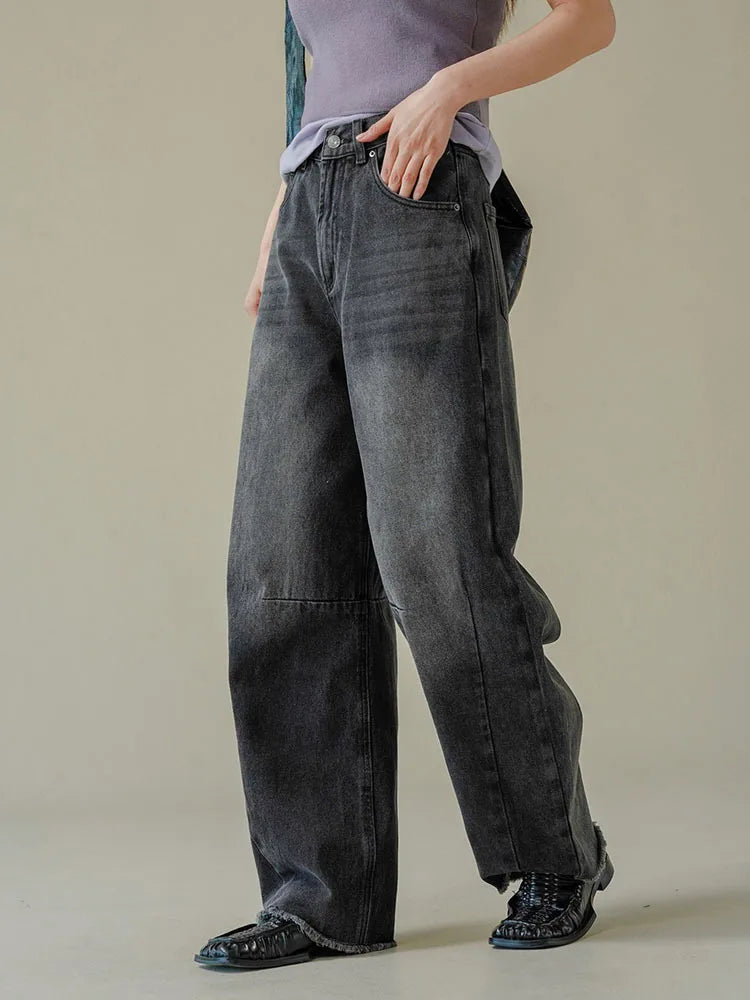 [LANMREM] Vintage Washed Jeans For Women High Waist Straight Wide Leg Denim Pants Streetwear Trousers Spring New 26D8252