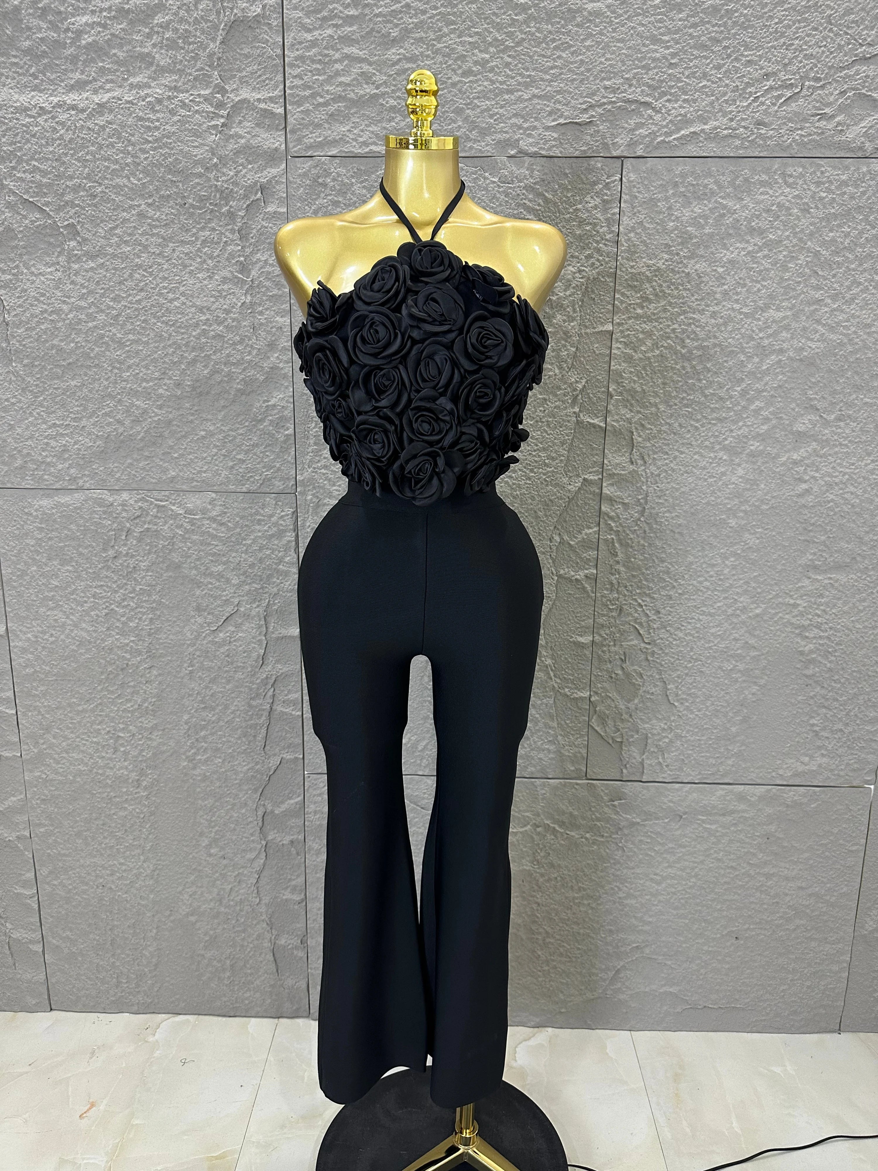 Elegant Two Piece Set Women Halter 3D Flower Crop Top High Waist Flare Pants Bandage Suit Party Casual Formal Wear