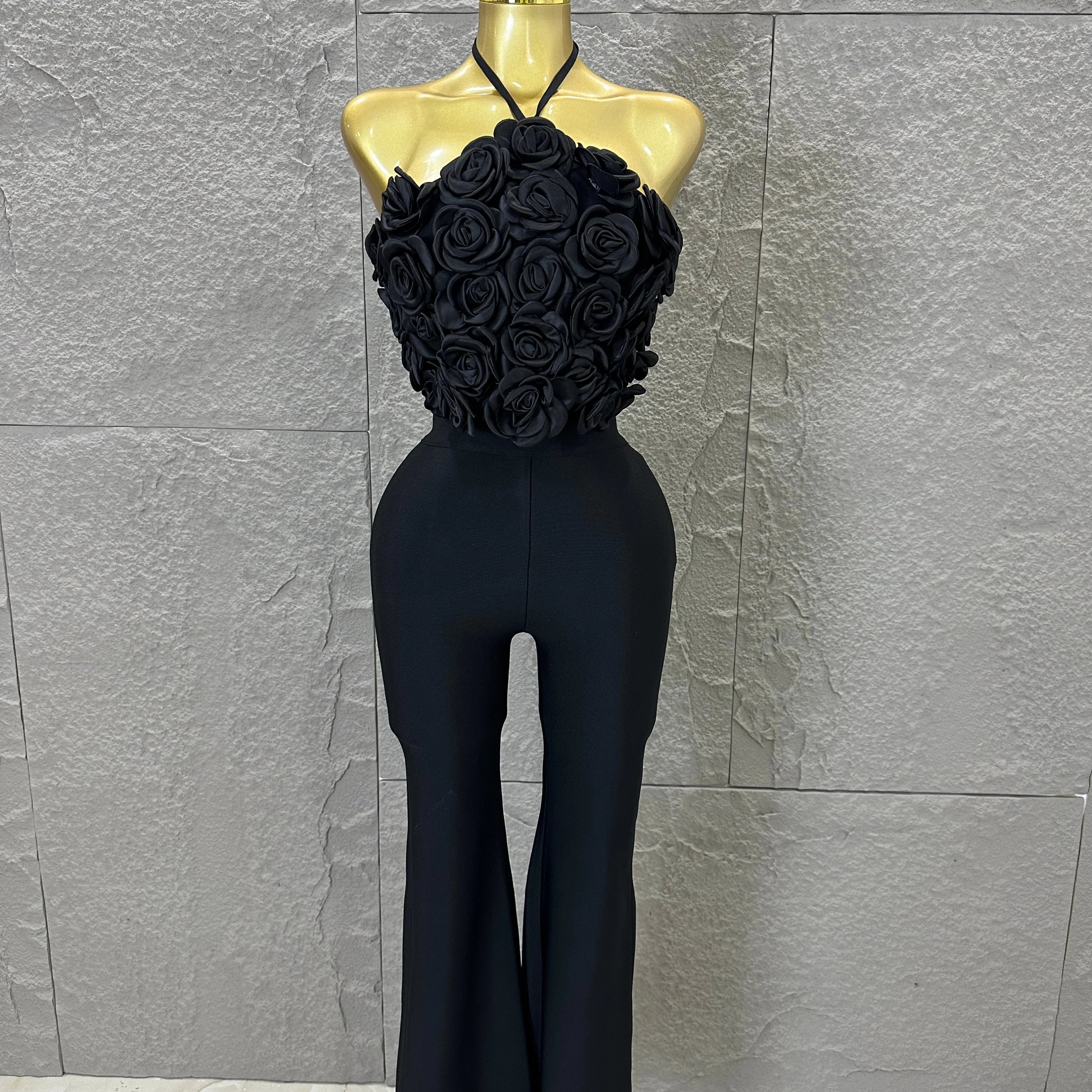 Elegant Two Piece Set Women Halter 3D Flower Crop Top High Waist Flare Pants Bandage Suit Party Casual Formal Wear black