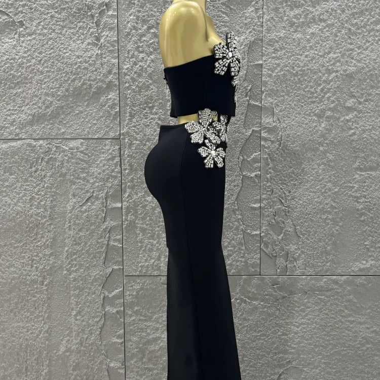 Black Color Women Shinning Diamond Flowers Sexy 2 Pieces Bodycon Long Bandage Dress Nightclub Party Celebrate Birthday Outfit