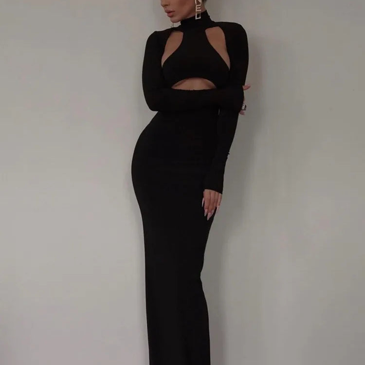Winter 2023 Sexy Cut Out Black Turtleneck Bodycon Maxi Long Women Celebrity Fashion Evening Party Club Dress Vestido