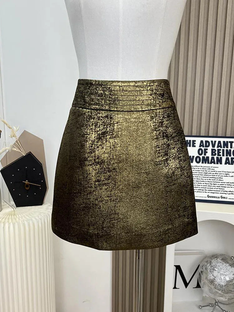 Fashion Luxury Golden Mini Skirt Women Clothing High Street Sexy A-Line Skirts Office Lady Bottoms Streetwear Vintage New Design Golden
