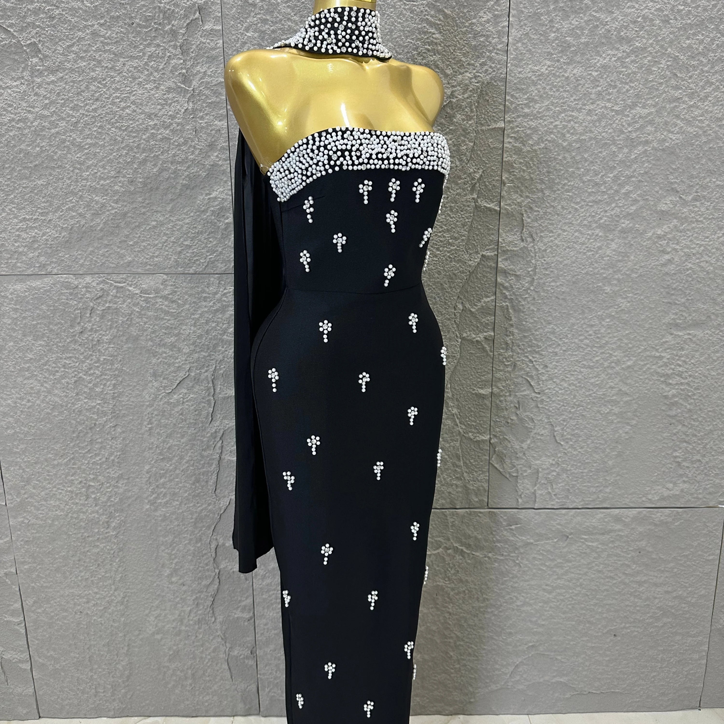 Sexy Black Pearl Studded Maxi Dress Halter Cape Bandage Bodycon Stage Birthday Party Nightclub Celebrate Photo Shoot Out