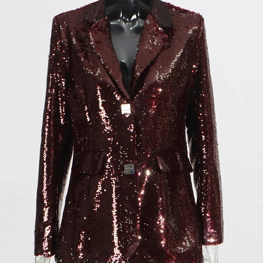 Solid Slimming Spliced Sequins Blazer for Women Lapel Long Sleeves Patchwork Pockets Coat Female Fashion Clothing