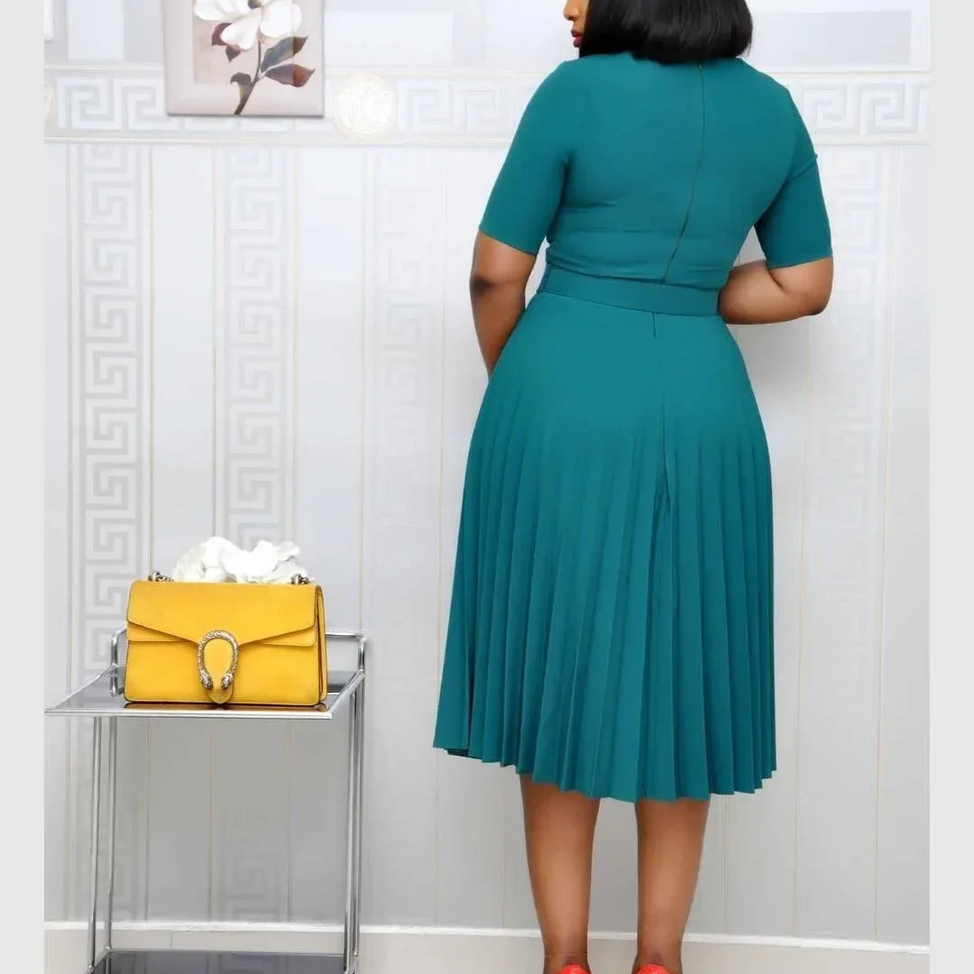 Summer Midi Pleated Dress Short Sleeve Office Lady Africa Sashes Women High Waist Elegant Dresses Vestidos