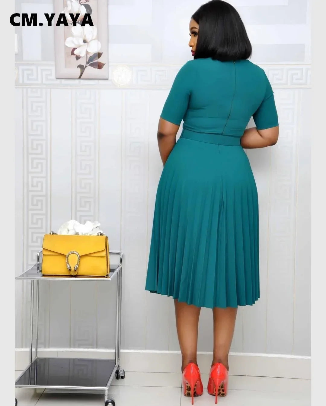 Summer Midi Pleated Dress Short Sleeve Office Lady Africa Sashes Women High Waist Elegant Dresses Vestidos