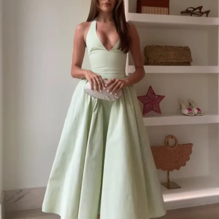 Elegant V Neck Green Long Dresses Women Fashion High Waist A-line Halter Midi Vestidos New Summer Lady Evening Party Dress 2025 Khaki