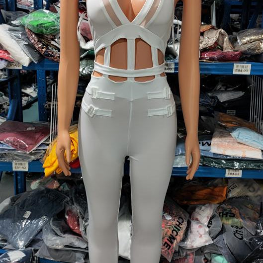 Sexy Night Out Jumpsuit for Women 2024 Summer New Sleeveless Plunge Hollow Out Halter Buckled Contrast Mesh Lady Skinny Jumpsuit