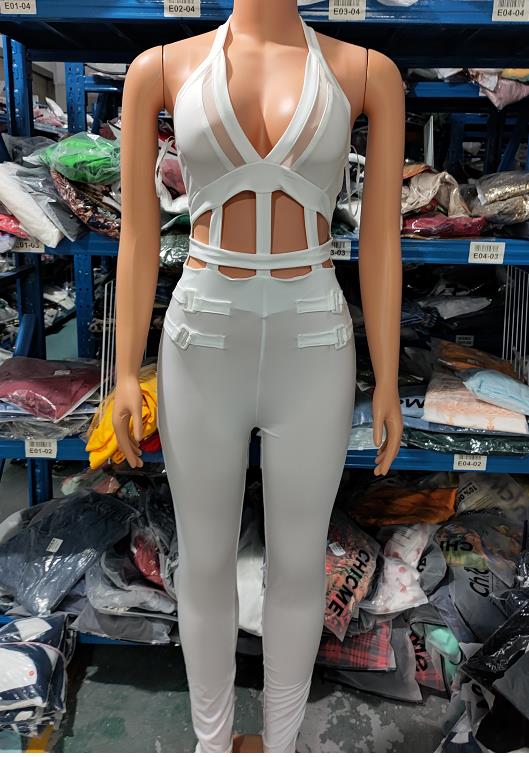 Sexy Night Out Jumpsuit for Women 2024 Summer New Sleeveless Plunge Hollow Out Halter Buckled Contrast Mesh Lady Skinny Jumpsuit