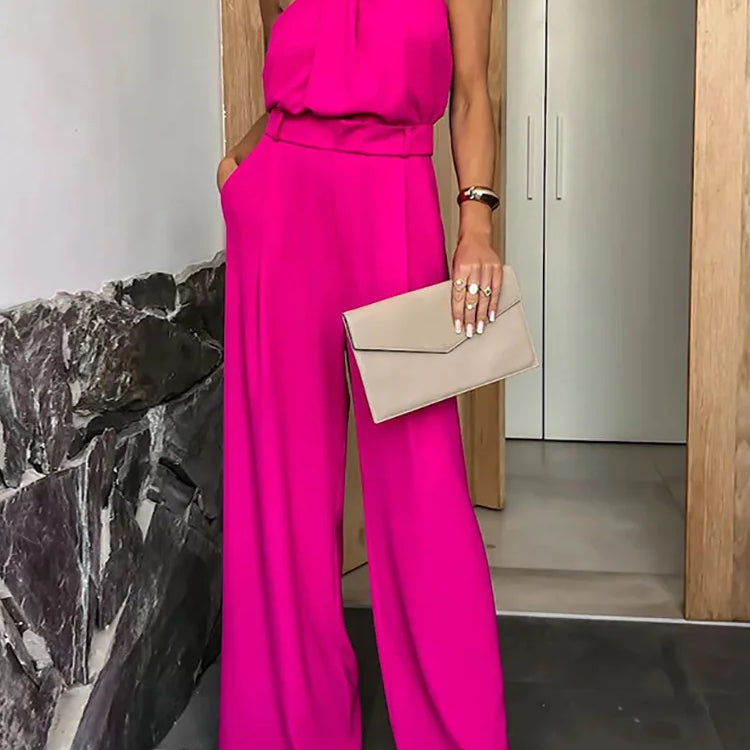 New Spring Summer Women Sleeveless Jumpsuits, Wide Leg Pants Loungewear Playsuits, Patchwork Pocket Simple Ladies Bodysuits