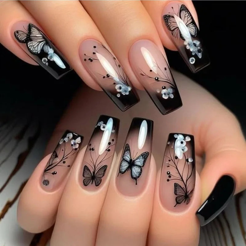 24Pcs Solid Black Short False Nails with Rose Pattern Design Ballerina Square Artificial Full Cover Press on Nail Tips for Girls 48